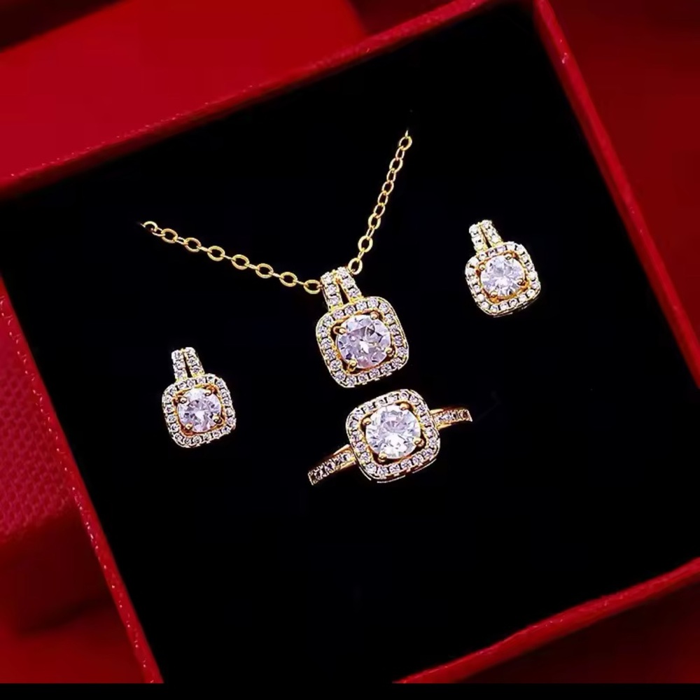 Square Zircon Necklace Earrings Ring Set Luxury Wedding Engagement Jewelry